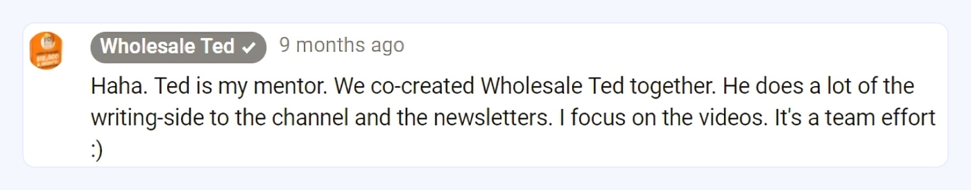 Comment on Wholesale Ted's Channel